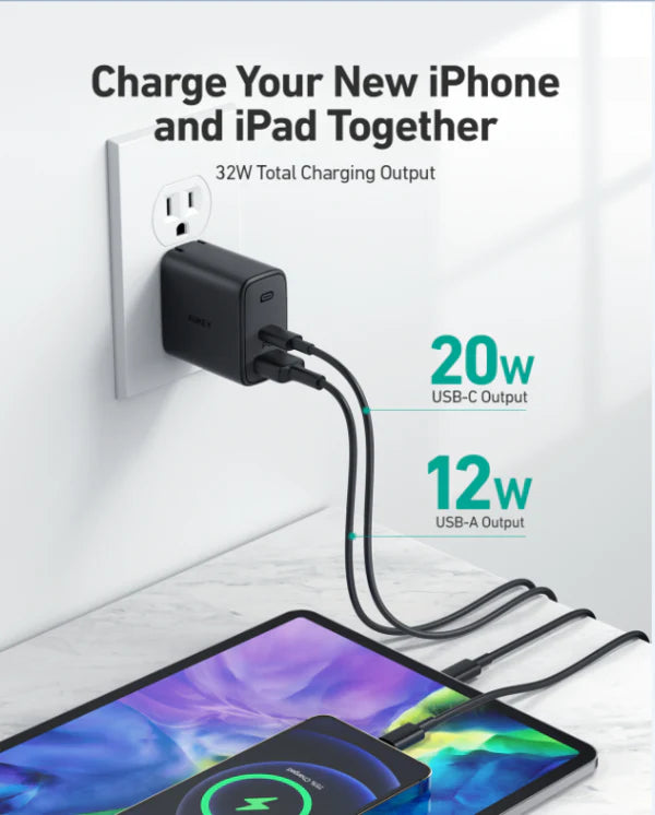 Aukey PA-F3S Fast Charger with Foldable Plug (32W & 2 Port PD Charger)