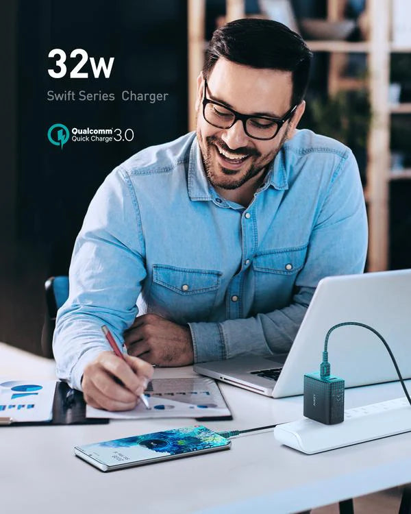 Aukey PA-F3S Fast Charger with Foldable Plug (32W & 2 Port PD Charger)