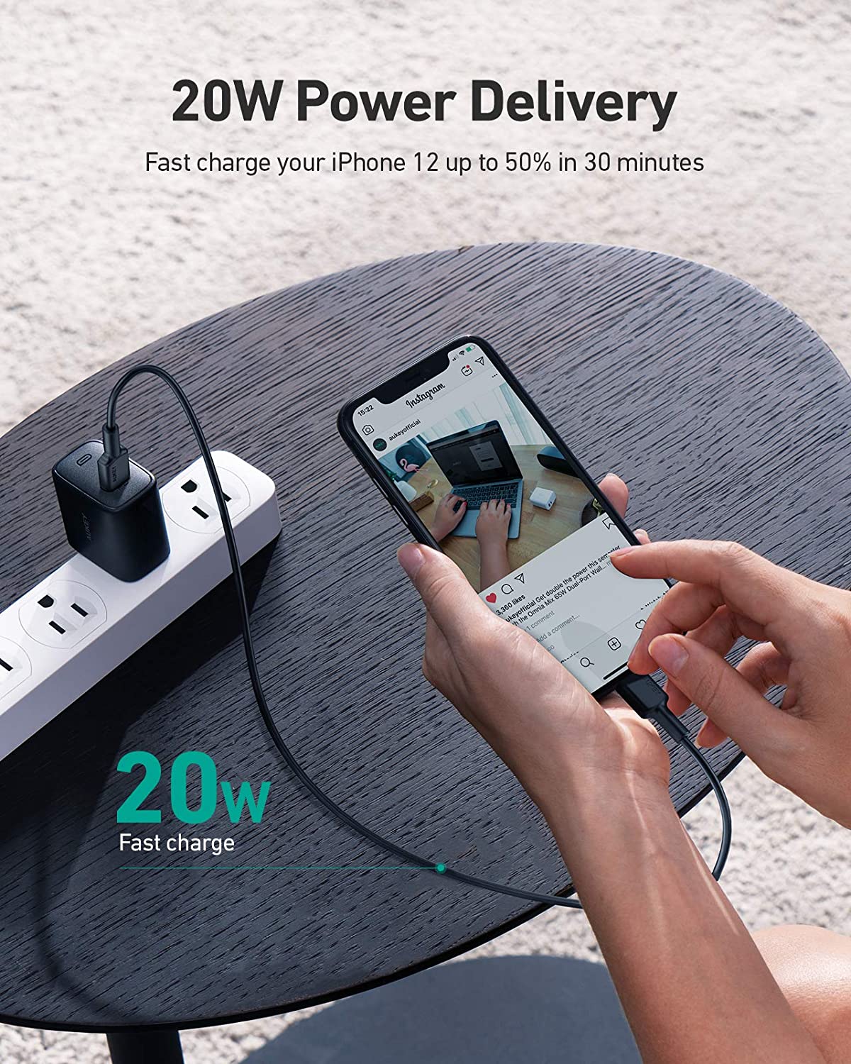 Aukey PA-F1S Fast Charger w/ USB-C to Lighting Cable (2M / 6.6Ft)