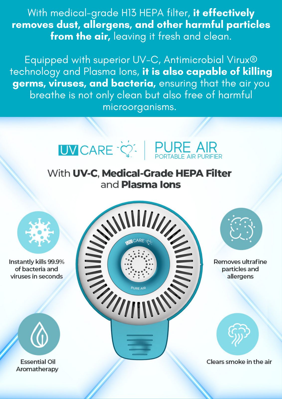 UV Care - Pure Air Portable Air Purifier (H13 HEPA Filter)