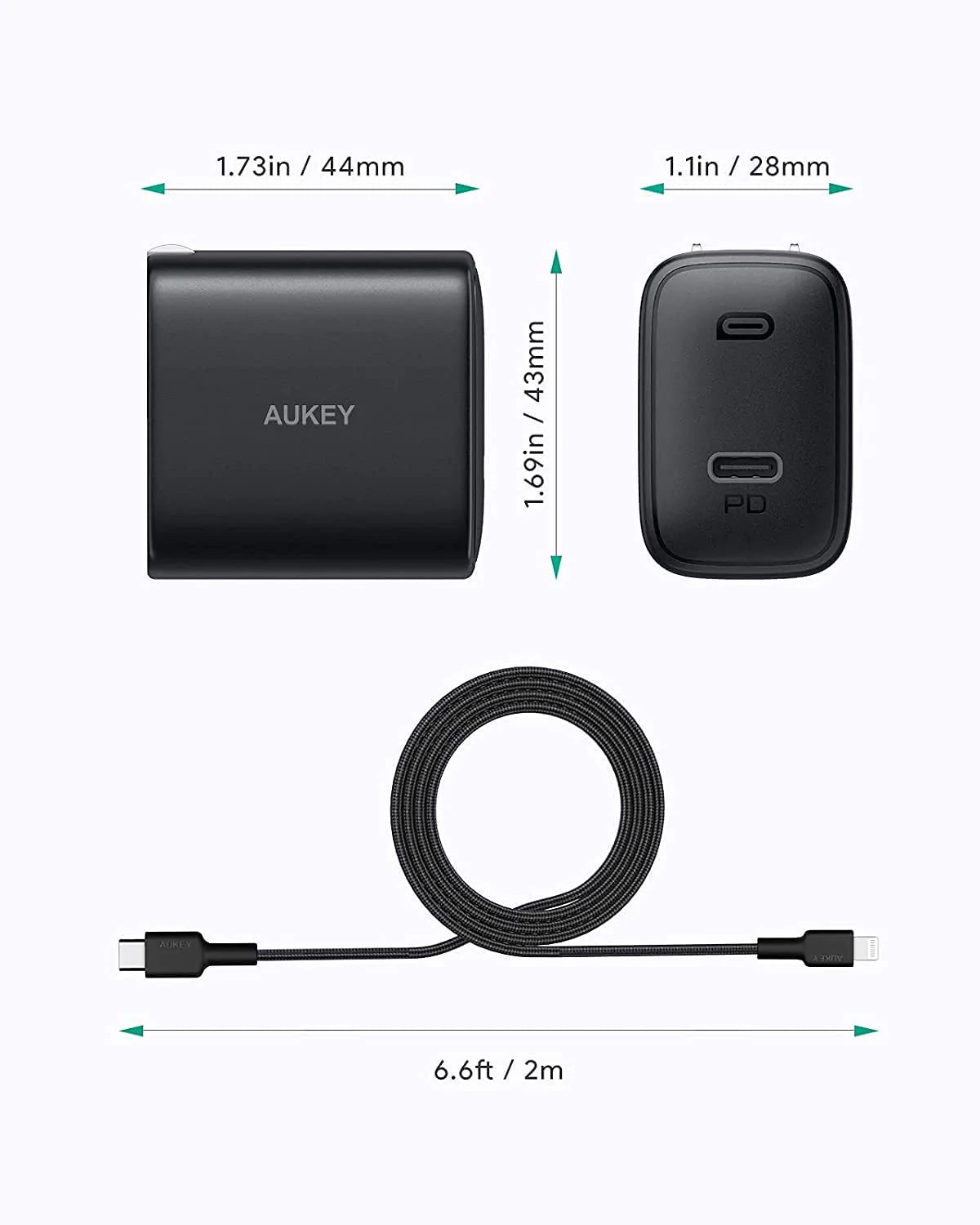 Aukey PA-F1S Fast Charger w/ USB-C to Lighting Cable (2M / 6.6Ft)